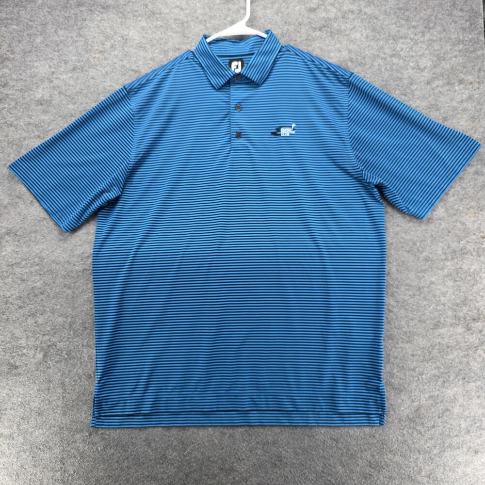 FootJoy Polo Shirt Mens XL Blue Black Stripe Fargo Country Club Golf Stretch